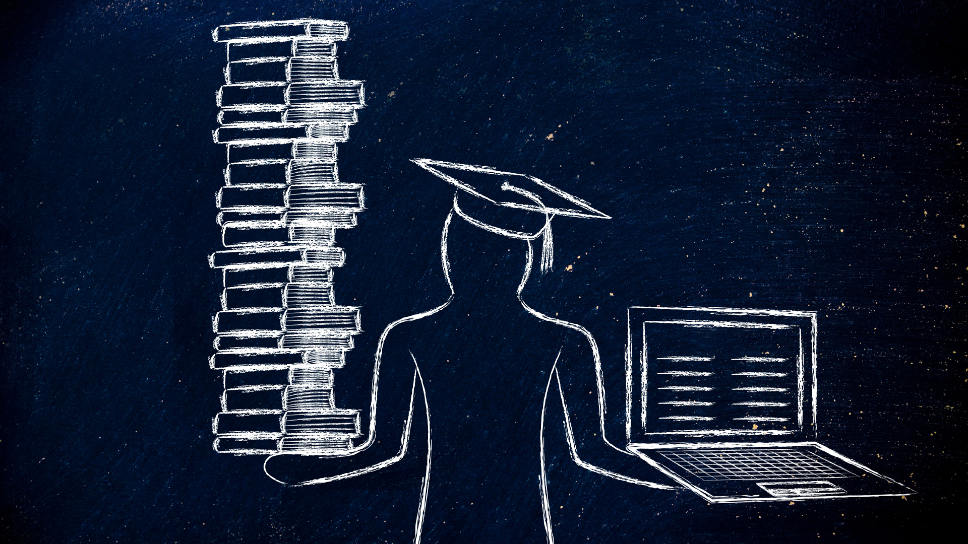 dissertation-proposal Line art student standing with books and laptop for dissertation proposal.