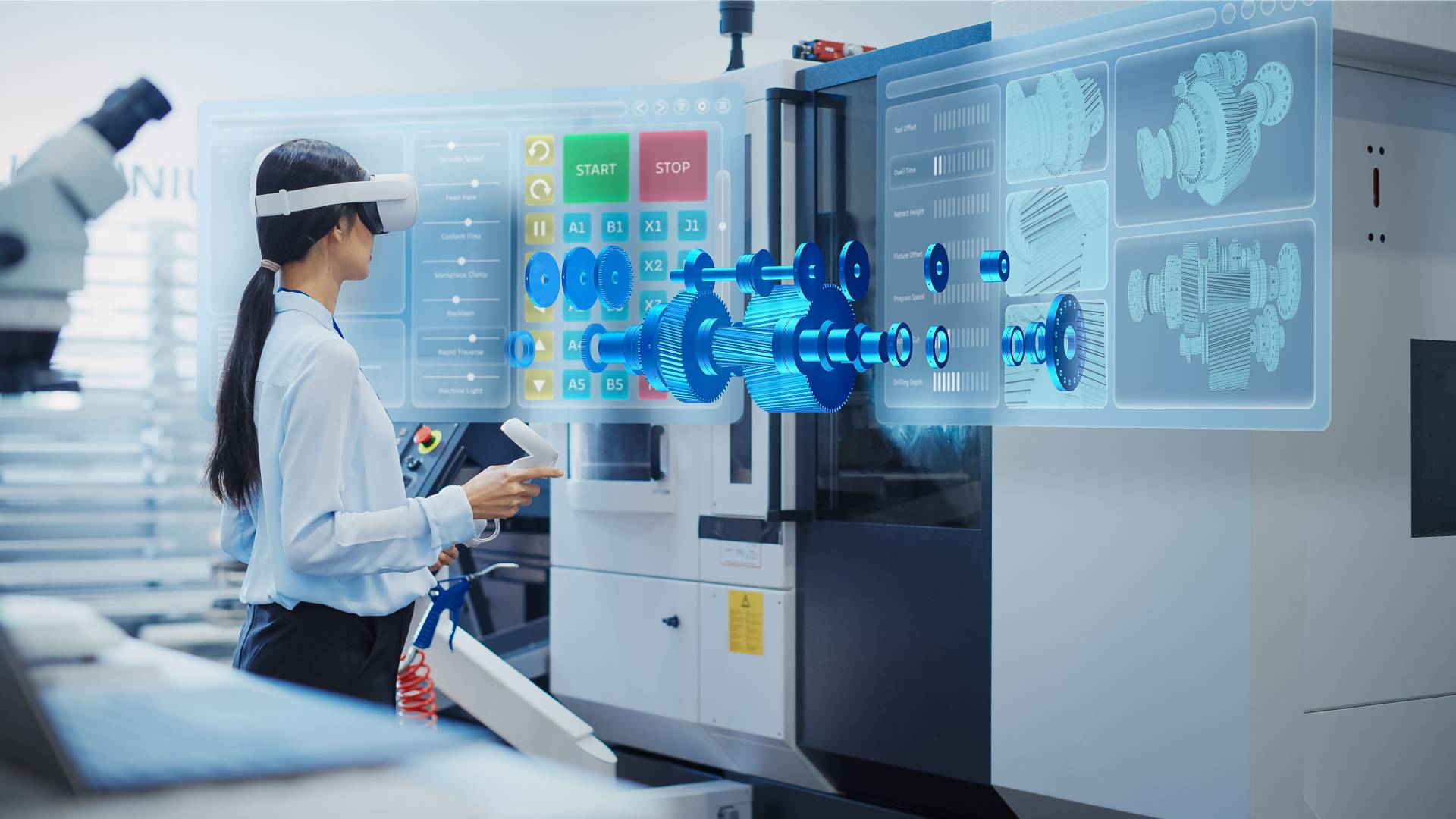 Professional Research and Development Specialist Wearing a Virtual Reality Headset, Managing Settings on an Industrial Machine at a Factory Facility. Digital Hologram Showing Mechanism in Action