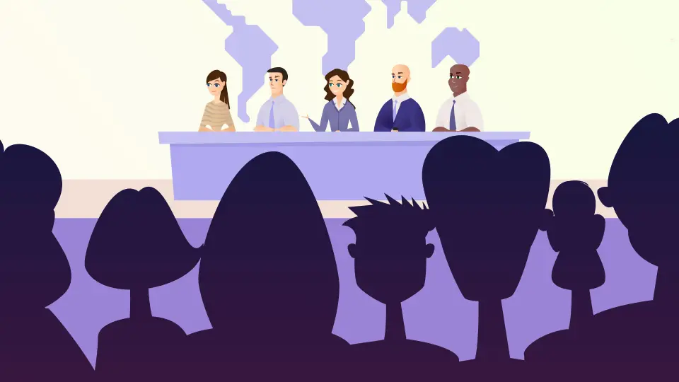line drawing of a multicultural panel discussion with audience in front