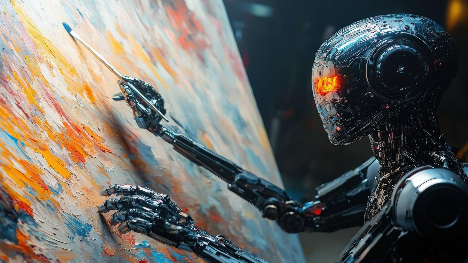 Robot painting An AI-powered robot artist painting a masterpiece, symbolizing creativity enhanced by artificial intelligence