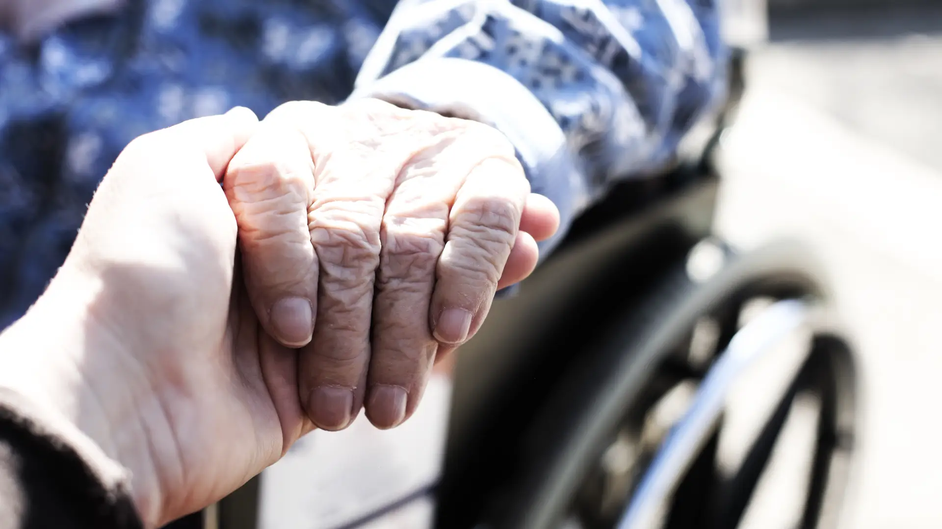 Palliative Care Close up of hands of aged woman sitting in the wheelchair outdoors